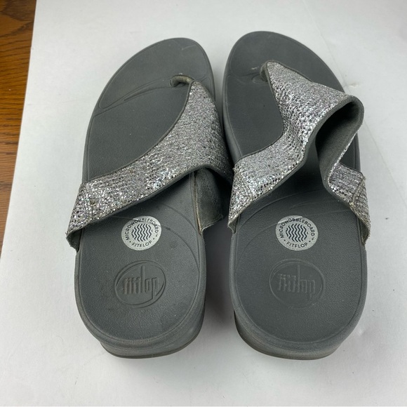 Fitflop Womens 11 Silver Lulu Shimmerlux Toe-Post Thong Wedge Sandal - Picture 2 of 6